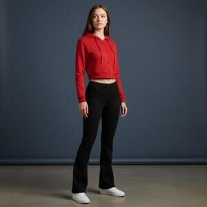 Womens Med/Large Red Zip up Drawstring Thermal Cropped Hoodie Long Sleeve Top